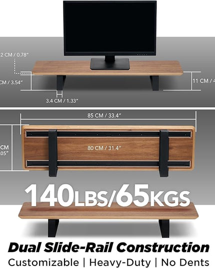 Moodular Wooden Monitor Stand 33.4” (85cm) Desk Organizer with Metal Slide Rails for Drawer, Tray, Laptop, Tablet, Phone & Headphones Customizable Riser for Organized Workspace Walnut MS85-W