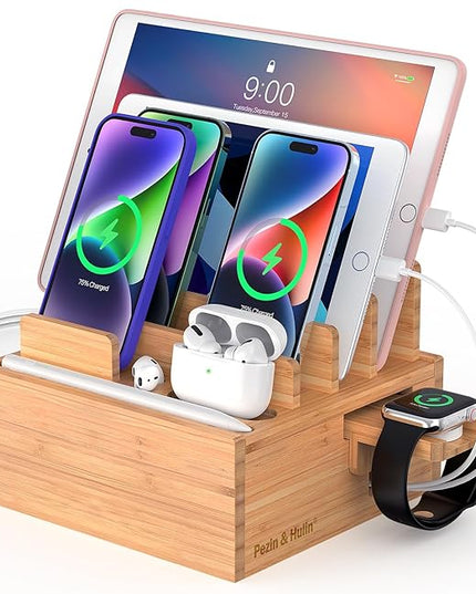 Pezin & Hulin Bamboo Charging Station for Multiple Devices Include 5 Port USB Charger, 5 Cables, Desktop Organizer for Phones, Tablet, Wooden Docking Stations