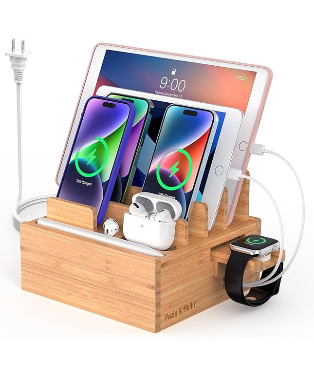 Pezin & Hulin Bamboo Charging Station for Multiple Devices Include 5 Port USB Charger, 5 Cables, Desktop Organizer for Phones, Tablet, Wooden Docking Stations