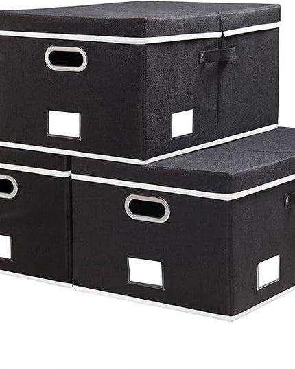 PRANDOM Storage Boxes with Lids [3-Pack] Fabric Collapsible Storage Bins Organizer Containers Baskets Cube with Cover for Home Bedroom Closet Office Nursery Black（23.4X15.9X11.5