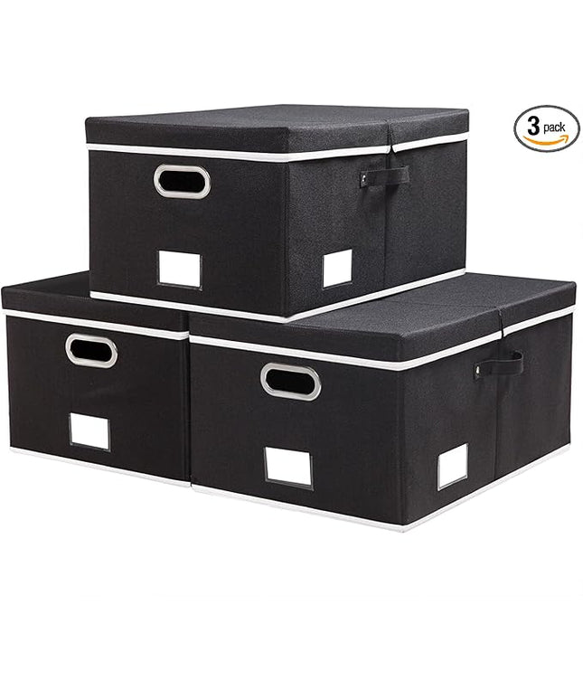 PRANDOM Storage Boxes with Lids [3-Pack] Fabric Collapsible Storage Bins Organizer Containers Baskets Cube with Cover for Home Bedroom Closet Office Nursery Black（23.4X15.9X11.5