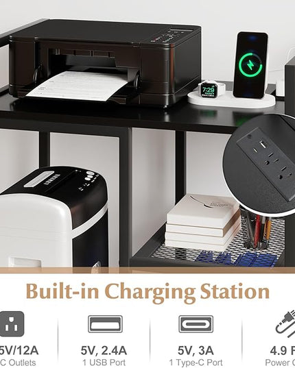 Giantex 3-Tier Printer Stand with Charging Station, 2 Open Storage Shelves, Side PC Stand on Wheels, 25" x 16" Mobile Printer Table for Computer Tower, Printer Shredder, Fax, Under Desk, Home Office