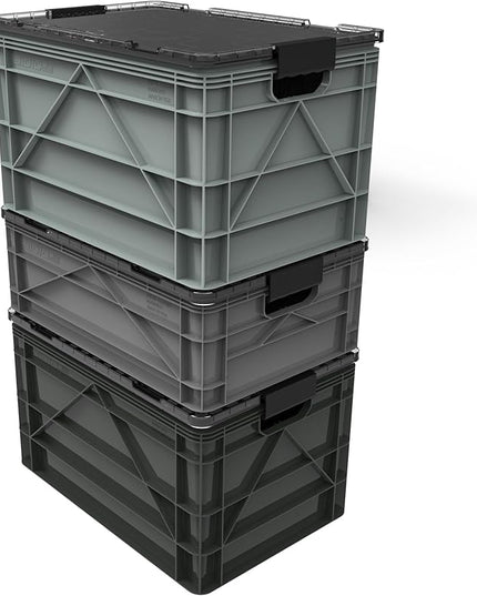 SIDIO CRATE Pro Pack - Two Full Size and One Half Size Heavy Duty Stackable Storage Bins, Totes and Containers with Lids and Dividers - Durable Organizer for Home, Office, Garage, and Outdoor Use