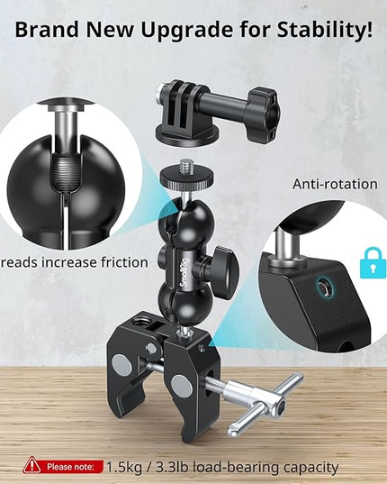 SMALLRIG Super Camera Clamp Mount 2-Pack, Double Ball Head Magic Arm Adapter, Fence/Desk/Tripod Mount for Monitor/Light/Camera, for Insta360, for Gopro, for Osmo Pocket 3, 5321