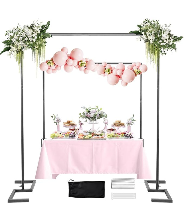 8.2FT Square Wedding Arch,Metal Arch Backdrop Stand Heavy Duty Adjustable,Extra 2 Clamp Change Over The Table Rod Stand,Black Balloon Arch Stand for Valentine Party Decor,Photoshoot Backdrop Stand Kit