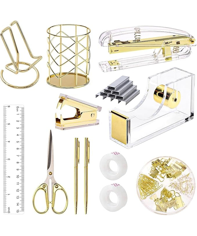 suniya Office Supplies,Desk Accessories,with Stapler,Tape Dispenser,Pen Holder Cup for Desk,Staple Remover,Scissor,Ballpoint Pen,Clear Tape, Staples,Phone Stand,Ruler,Binder,Best Gift Set(Gold)