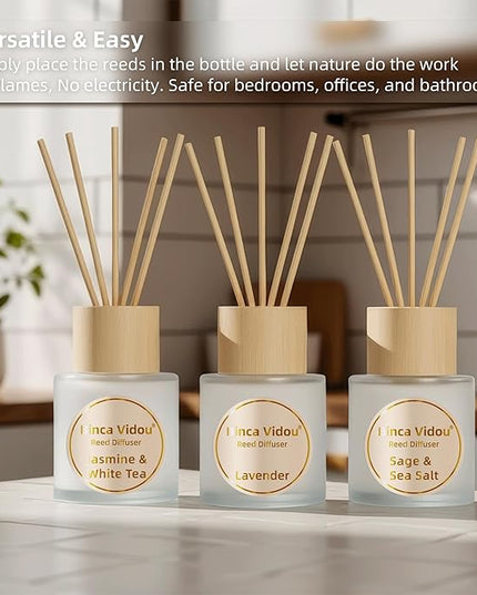 Reed Diffuser Set of 3, Binca Vidou Lavender, Jasmine & White Tea, Sage & Sea Salt Natural Scent Oil Diffusers with Sticks for Home Office Bathroom Aromatherapy Decor 1.69oz x 3