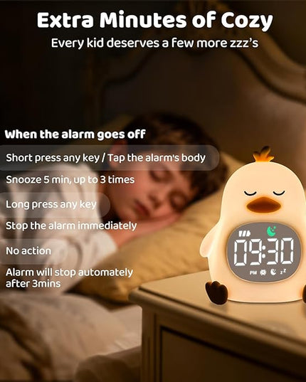 Sleepy Duck Alarm Clock with Night Light for Kids with Sleep Training and Sound Machine, Rechargeable Silicone Lamp OK to Wake Clock，Cute Animal Tabletop Lamp, Perfect Sleep Companion for Boys Girls