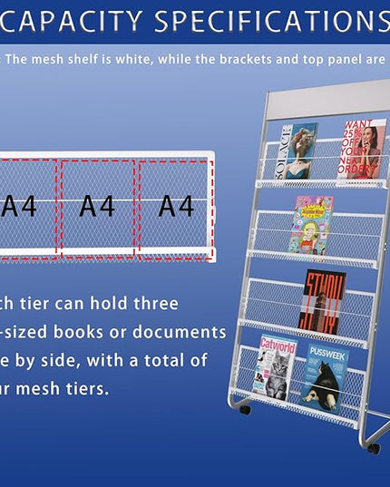 Yinghao Floor-Standing Magazine Rack, 4-Layer Iron Newspaper Rack, Suitable for the Display of Brochures or Documents in Exhibitions, Shopping Malls, Hospitals, Offices
