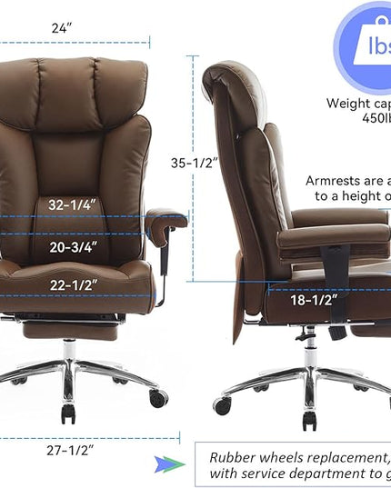 Big and Tall Ergonomic Office Chair 450LBS with Foot Rest, High Back PU Leather Executive Chair with Adjustable Padded Armrests, Lumbar Support for Home or Work, Heavy Duty Computer Chair, Brown