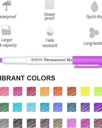 Shuttle Art Permanent Marker, 30 Colors Ultra Fine Point, Assorted Colors, Works on Plastic,Wood,Stone,Metal and Glass for Kids Adult Coloring Doodling Marking