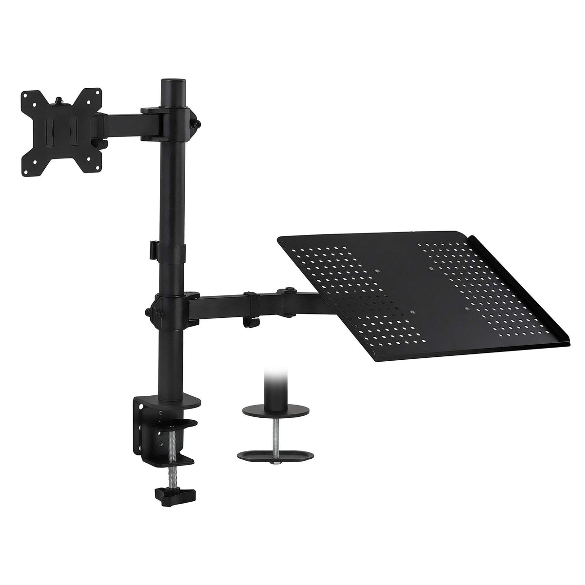 Mount-It! Laptop and Monitor Desk Mount with Adjustable Arms, Laptop Tray for Laptops up to 17" and Monitors 13–27", VESA 75x75 100x100 Compatible, Dual Arm Stand with Clamp or Grommet Base