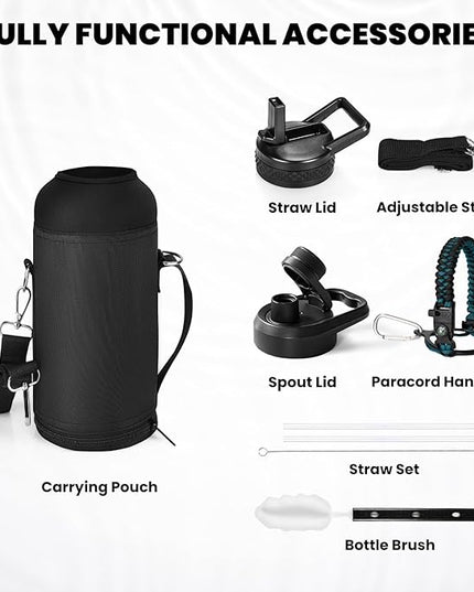 Insulated Water Bottle 32 oz, Triple Wall Vacuum Stainless Steel (Cold for 48 Hrs, Hot for 24Hrs), Leak Proof & Non-BPA, 32oz Hydro Water Flask with Paracord Handle & Straw Spout Lids