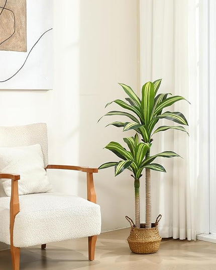 Ferrgoal Artificial Plants, 4 Ft Dracaena Tree Faux Plants Indoor Outdoor Decor Fake Tree with Woven Seagrass Basket Plants for Home Decor Office Living Room Porch Patio Perfect Housewarming Gift