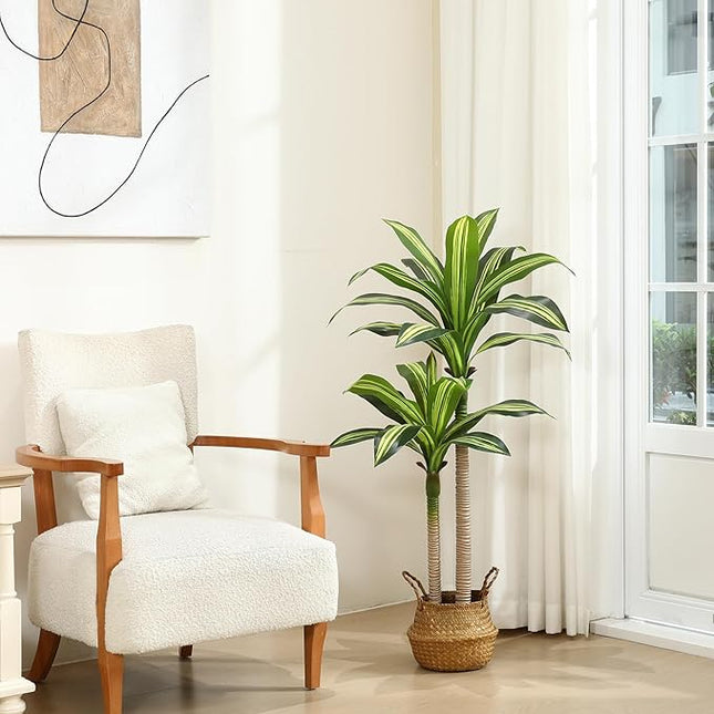 Ferrgoal Artificial Plants, 4 Ft Dracaena Tree Faux Plants Indoor Outdoor Decor Fake Tree with Woven Seagrass Basket Plants for Home Decor Office Living Room Porch Patio Housewarming