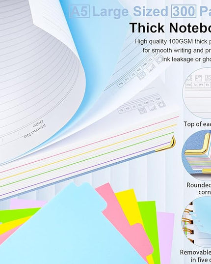Hardcover Spiral Notebook 6.2"x 8.2" Journal Notebook with Tabs and Removable Dividers 300 Pages 5 Subject Notebook College Ruled, Faux Leather Spiral Bound Notebook for Women School Work(Lake Blue)