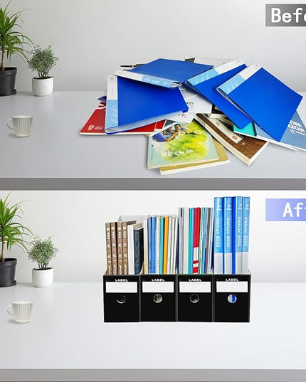 Limitliho 2 Pack Black Cardboard Magazine File Holder for Desktop, Book Bins for Classroom Library, Office or Home, Vertical Paper Boxes for Storage with Label(10.6" H x 10.2" L x 3.5" W in)