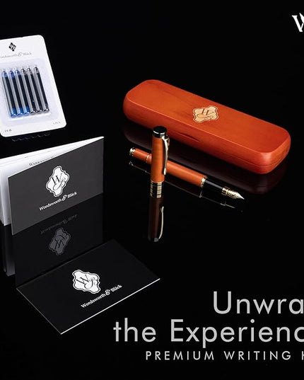 Wordsworth & Black Fountain Pen Set, Luxury Bamboo Wood - Fine Nib, Gift Case; Includes 6 Ink Cartridges, Ink Refill Converter -Journaling, Calligraphy; Drawing, Smooth Writing [Cherry Wood]