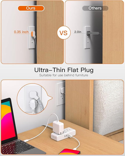 Flat Extension Cord 3 feet, Flat Plug Power Strip, 4 Widely Outlets with 3 USB Ports (2 USB C), 3 Side Outlet Extender with Extension Cord with Multiple Outlets for Home, Office, Dorm Room Essentials