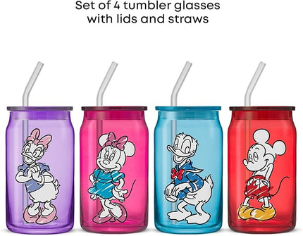 JoyJolt Disney Mickey Mouse and Friends Color Sketch Glass Tumblers with Lids and Straws, 16oz Glass Cups with Lids and Straws, Can Shaped Drinking Glasses Set of 4, Disney Gifts for Adults