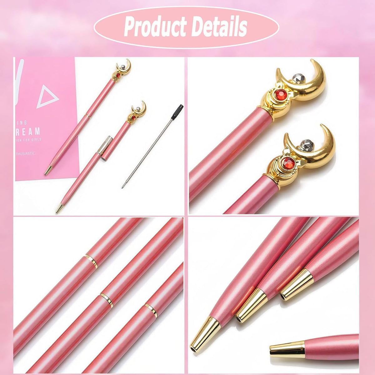 3 Pcs Sailor Moon Pen, Sailor Moon Merch, Pink Pens Ballpoint Kawaii Stationery Set, School Supplies for School Day Students Gifts and Offices, Tip 1mm, with 6 black pen refills