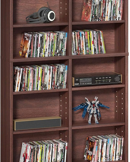 LELELINKY 7 Tier Tall Display Cabinet, Walnut Media Storage Cabinet with Adjustable Shelves, Free Standing DVD Organizer Shelf, Floor Multimedia Storage Manga Bookshelf for Living Room & Home Office.