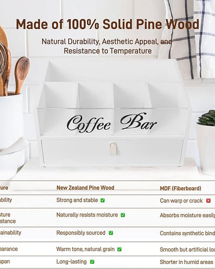 Intarsio 2-Tier Coffee Bar Organizer with Clear Acrylic Top, Built-in Drawer and Leather Handle Pull for Countertop, Stylish Coffee Station Storage Box for Accessories, Pods, Great Gifts for Home
