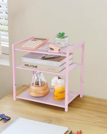 Desktop Shelf Organizer, 3-Tier Office Storage Rack, Adjustable Metal Bookshelf for Top of Desk, Pink Desk Organizer for Office, Home, Dorm and Small Spaces (Pink)
