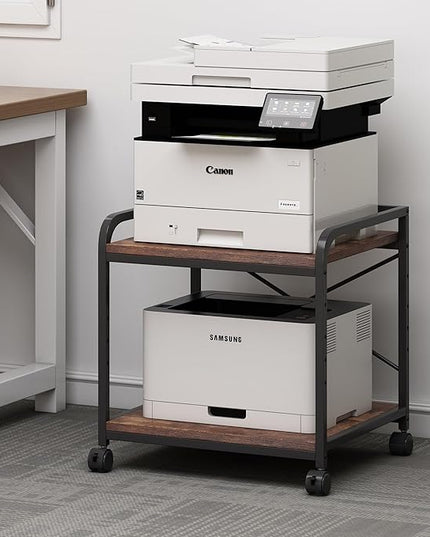 Under Desk Printer Stand, 20 Inches Deep Large Printer Table with Height Adjustable Storage Shelf, 2 Tier Rolling Printer Cart with Wheels for Home Office - Rustic Brown
