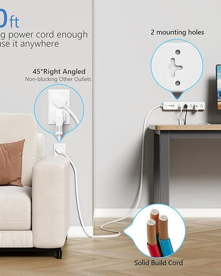 5Ft Power Strip Surge Protector - TerHavn Extension Cord with 15 AC Outlets and 4 USB Ports for for Home, Office, Dorm Essentials, 1080 Joules,15A 1875W UL, (White)