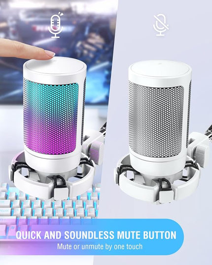 FIFINE AmpliGame USB Microphone, PC Gaming Recording Desktop Laptop Mic, RGB Streaming Podcasting Condenser Mic for Online Game, Vocal, with Mute Button, Gain Knob, Tripod Stand-A6V White