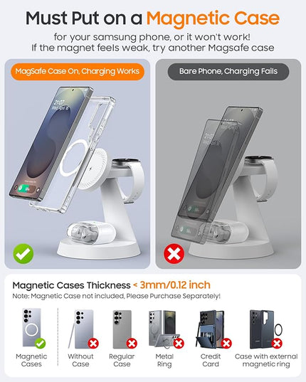 Magnetic Wireless Charger for Samsung, 3 in 1 Charging Station Compatible with MagSafe Charger for Samsung Galaxy S25 Ultra Z Fold7/Flip7, Watch Charger Stand for Galaxy Watch Ultra 8, for buds, White