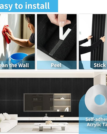 Art3d 10-Pack Peel and Stick Acoustic Panels with Acrylic Tape - 12 x 48 inches, Self Adhesive Sound Absorbing Polyester Wall Panels for Home Office Studio, Black