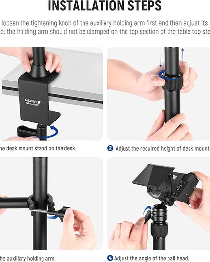 NEEWER TL253A+DS001 Table Camera Tripod with 2 Telescopic Arms, Phone Holder, Ball Heads, Screw Adapter, Table Light Stand for Camera, Mobile Phone, Webcam, Ring Light