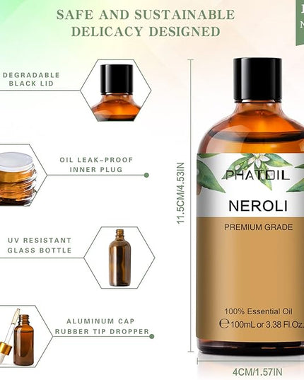 Neroli 3.38fl.oz Essential Oil, PHATOIL Pure Aromatherapy Oils for Diffuser, Humidifier, Perfect for DIY Soap, Candle, Bath Bombs Making(100ml)