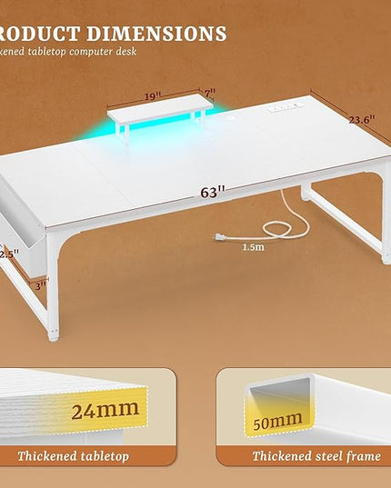 63 Inch Computer Desk with Monitor Stand & 24mm Thicker Desktop,Gaming Desk with Power Outlets & LED Light,White Writing Desk for Home Office, Study, Bedroom, White