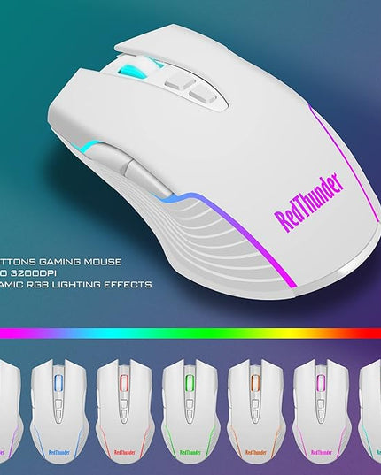 RedThunder K10 Wireless Gaming Keyboard and Mouse Combo, LED Backlit Rechargeable 3800mAh Battery, Mechanical Feel Anti-ghosting Keyboard + 7D 3200DPI Mice for PC Gamer (White)
