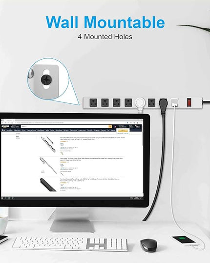 JUNNUJ Metal 8 Outlet Power Strip, Mountable Heavy Duty Power Strip, 1200J Surge Protector Wall Mount Screws Outlet with Switch, Gaming Desk Strips Wide Spaced 15A 125V 1875W, 10 FT 14AWG Power Cord