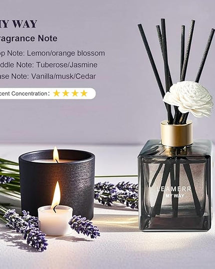 LEAMERR Reed Diffuser Set, My Way Floral Fragrance Diffuser 6.1 fl oz with 6 Reed Sticks Long-Lasting Home Fragrance Reed Diffuser for Home Room Office Bathroom Shelf Decor