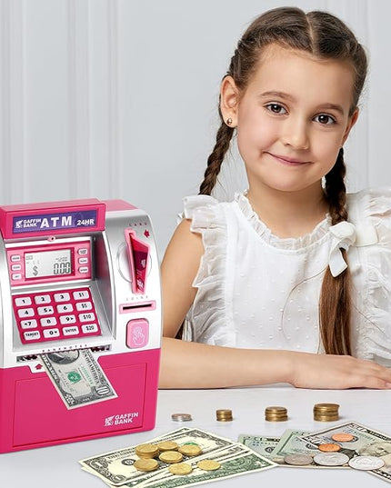 ATM Piggy Bank with Card and Password, Electronic Savings Bank Machine for Real Money, Mini ATM Coin and Cash Deposit Box with Target Setting, Clock and Sound – Pink Dollar Edition