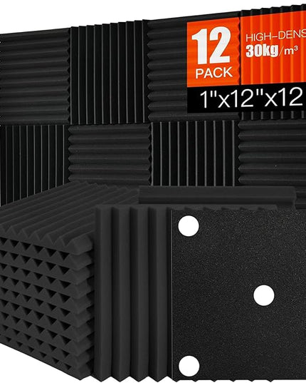 Acoustic Foam Panels Sound Absorbing 12 Pack - 1" X 12"X 12" Sound Proof Panels Noise Reducing for Walls, High Density Sound Deadening Panels Black Wedge for Studio Recording & Office & Home