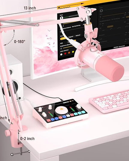 MAONO XLR/USB Dynamic Microphone Kit, RGB Gaming Mic with Software, Mute, Gain Knob, Volume Control, Boom Arm for Streaming, Podcasting, Voice-Over, Recording-PD200XS Pink