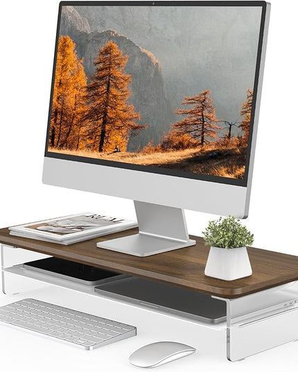 Fenge Acrylic Monitor Stand Riser, 23.6 Inches Monitor Stand with Metal Storage, 2 Tier Acrylic Computer Riser for Desk, Clear Laptop Stand for PC, Laptop, Printer, TV