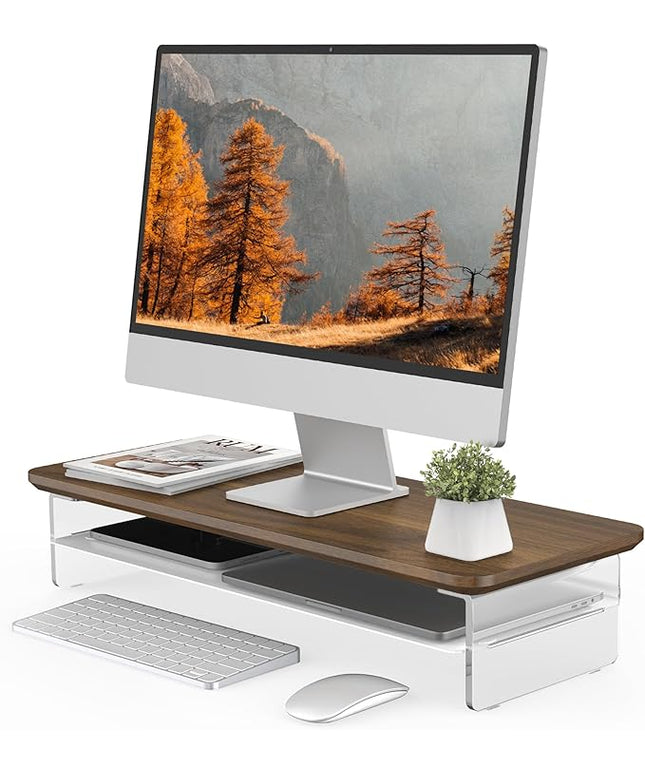 Fenge Acrylic Monitor Stand Riser, 23.6 Inches Monitor Stand with Metal Storage, 2 Tier Acrylic Computer Riser for Desk, Clear Laptop Stand for PC, Laptop, Printer, TV
