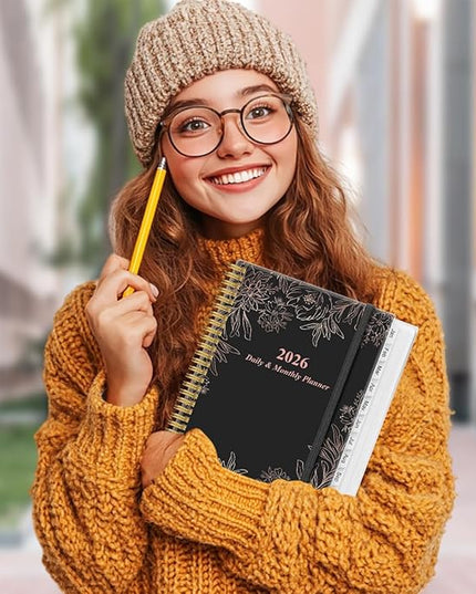 Daily Planner 2026 Full Page Per Day- 2026 Daily & Monthly Planner from January 2026 to December 2026, Day Planner 2026 with 12 Months Tabs, 8.5" x 11", Black Flowers