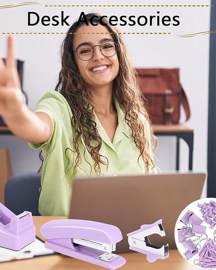 Office Supplies Set,Desk Accessories,Stapler and Tape Dispenser Set,1000 Staples,Staple Remover,Hinder Clips,Scissor,Index Tabs,Clear Tape,Ballpoint Pen,Coworkers(Purple)