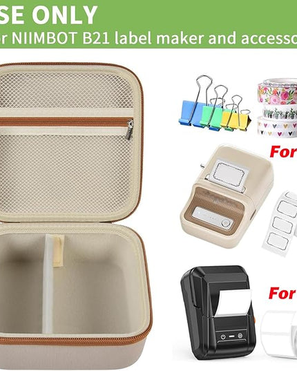 ALKOO Case Compatible with NIIMBOT B21 / Pro / B1 Label Maker Wireless Thermal Label Printer, Holder for Inkless Label Maker & Labeling Tapes Refills, with Mesh Pocket for Cable Accessories (Beige)