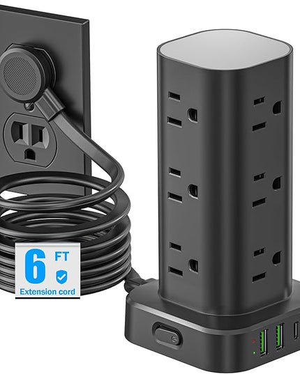 Tower Power Strip with Surge Protector - 12 AC Outlets & 4 USB Ports (2 USB-C), 6FT Extension Cord, Charging Station Tower for Home Office Dorm Travel (Black)