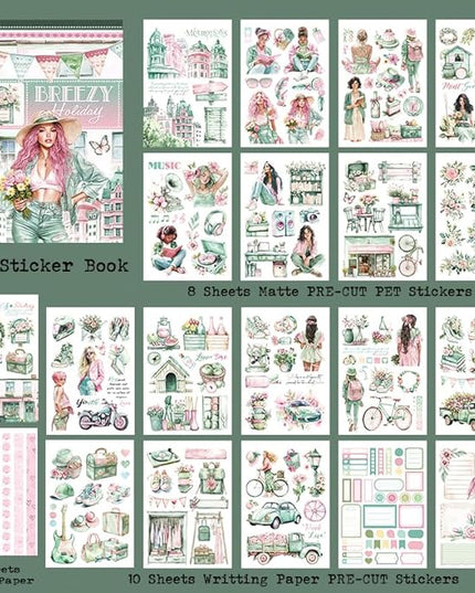 Dwpetzo Breezy Holiday Scenery Pre-Cut Journal Sticker Book for Women Journaling, Assorted Materials Paper PET Washi Stickers for Scrapbooking, Junk Journal Supplies, Planner, Collage, Crafts Arts