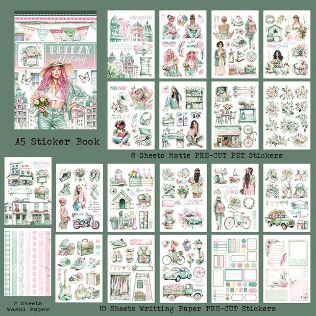 Dwpetzo Breezy Holiday Scenery Pre-Cut Journal Sticker Book for Women Journaling, Assorted Materials Paper PET Washi Stickers for Scrapbooking, Junk Journal Supplies, Planner, Collage, Crafts Arts